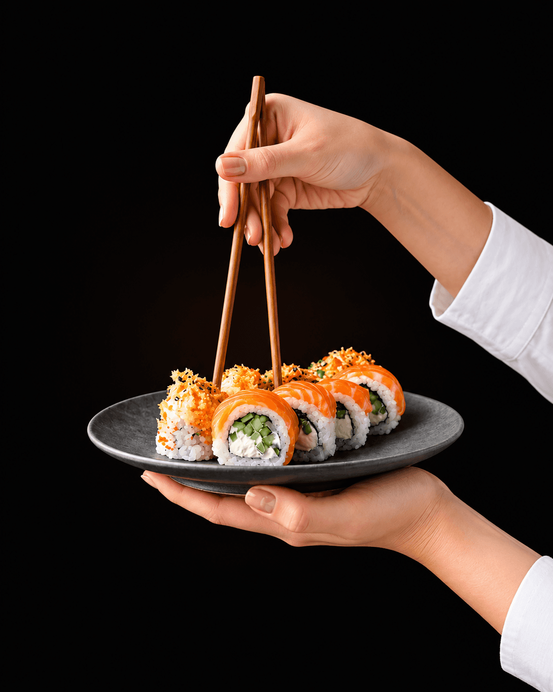 Combinado de sushi servido com hashi